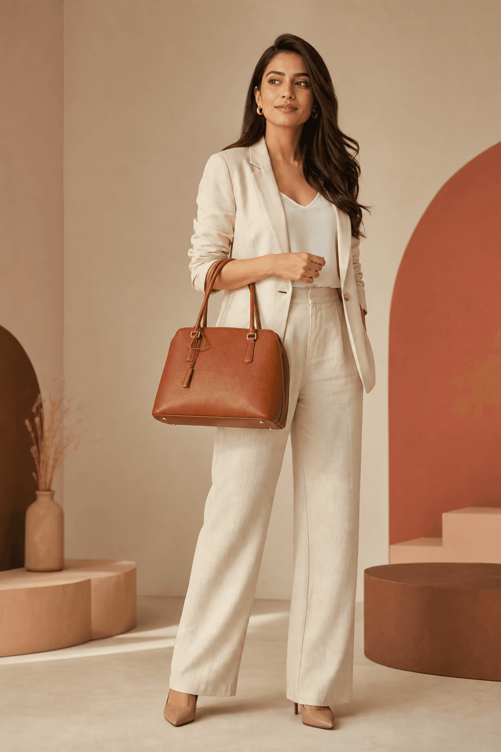 Stylish woman carrying a caramel handbag